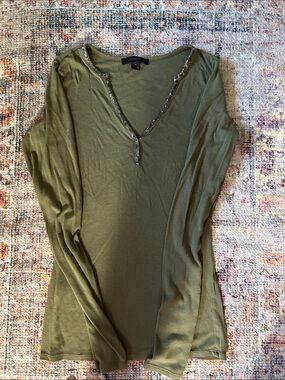 Express Olive Green Long-Sleeve V-Neck Top with Sequin Trim